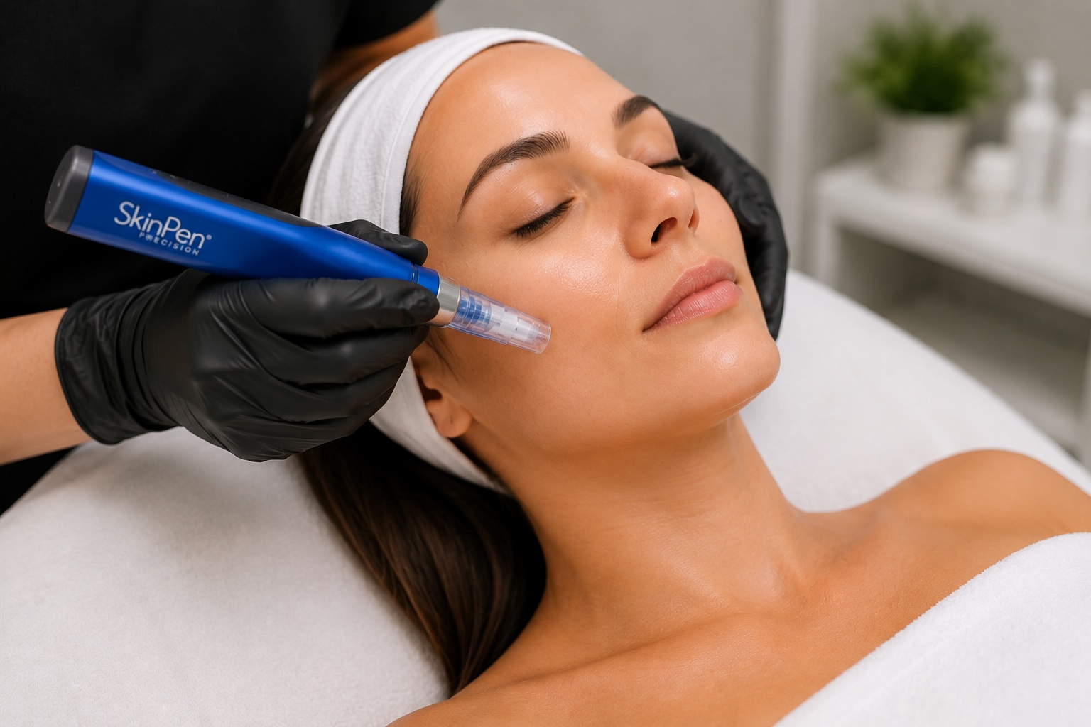 Chatgpt-SkinPen-20260623-1 Provider performing SkinPen® microneedling treatment on a woman’s face to stimulate collagen production and improve skin texture.