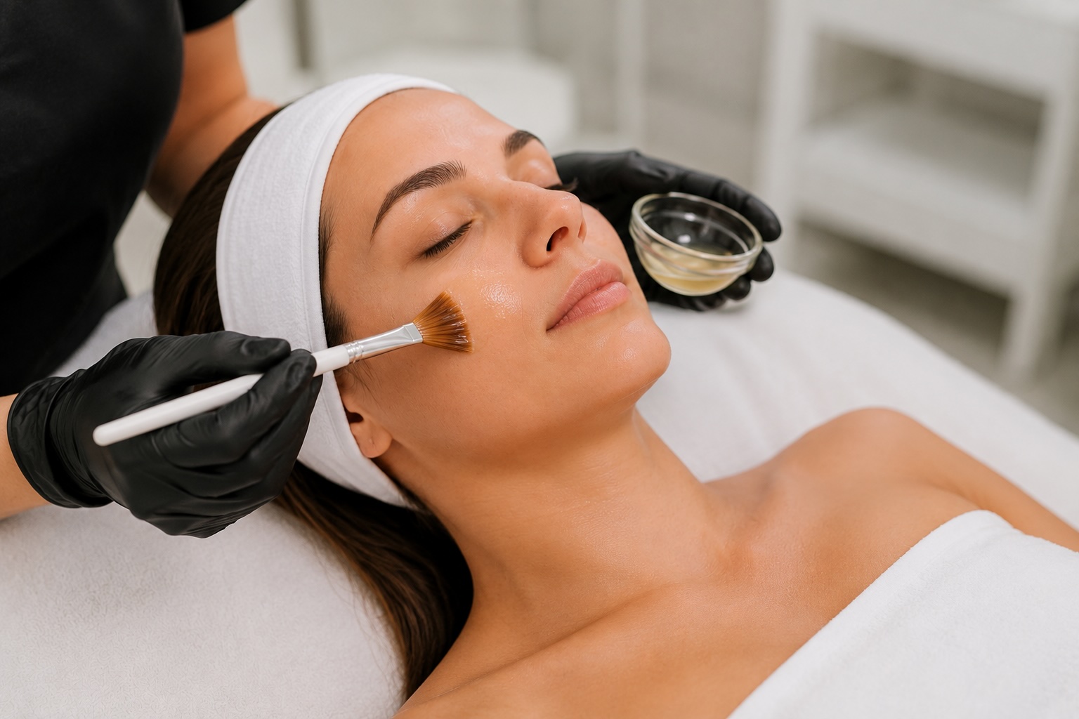 Chatgpt-VIPeel-1 Provider applying a VI Peel® chemical peel to a woman’s face to improve skin tone, texture, and clarity.