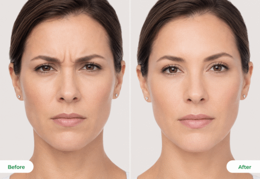 ChatGPT Image Jul 5, 2026, 11_28_32 AM Before and after Dysport treatment comparison showing reduction in frown lines and smoother forehead appearance.