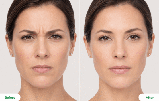Before and After Dysport Before and after image of a woman demonstrating Dysport injectable treatment results. The left side shows the “before” image with visible frown lines between the eyebrows and forehead creasing, while the right side shows the “after” image with a smoother, more relaxed appearance in the upper face.