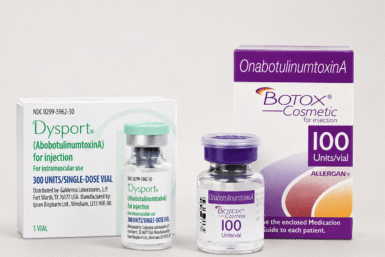 Dysport and Botox Cosmetic product boxes and vials shown side by side for neuromodulator treatment comparison.