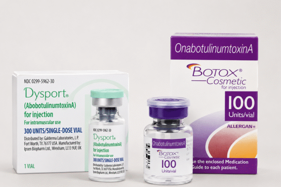 Dysport vs Botox Product image featuring Dysport and Botox Cosmetic packaging displayed side by side on a clean neutral background. The image supports a Dysport vs. Botox comparison by showing both injectable neuromodulator products in a polished medical-aesthetic setting.