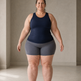 Woman with symmetrical lipedema-related tissue distribution in the arms, hips, thighs, knees and lower legs.