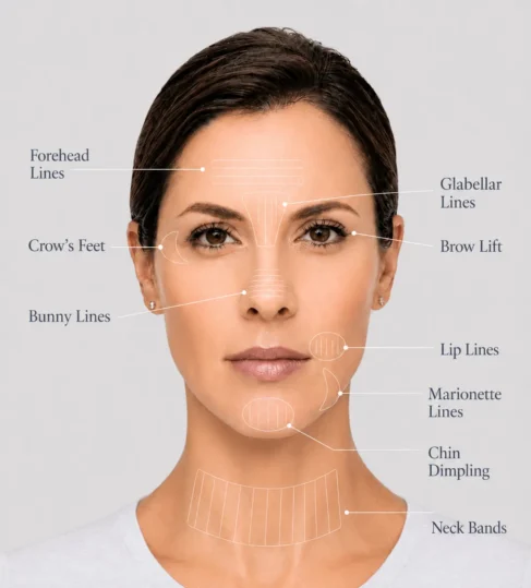 dysport-treatment-areas-1200 Illustration of common Dysport treatment areas on the face and neck, including forehead lines, glabellar lines, crow’s feet, bunny lines, lip lines, marionette lines, chin dimpling, brow lift, and neck bands.